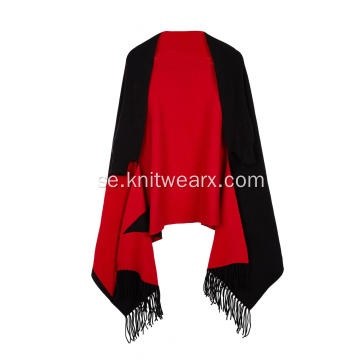 Dam stickad stretchbar Jacquard Tassel Poncho Cape